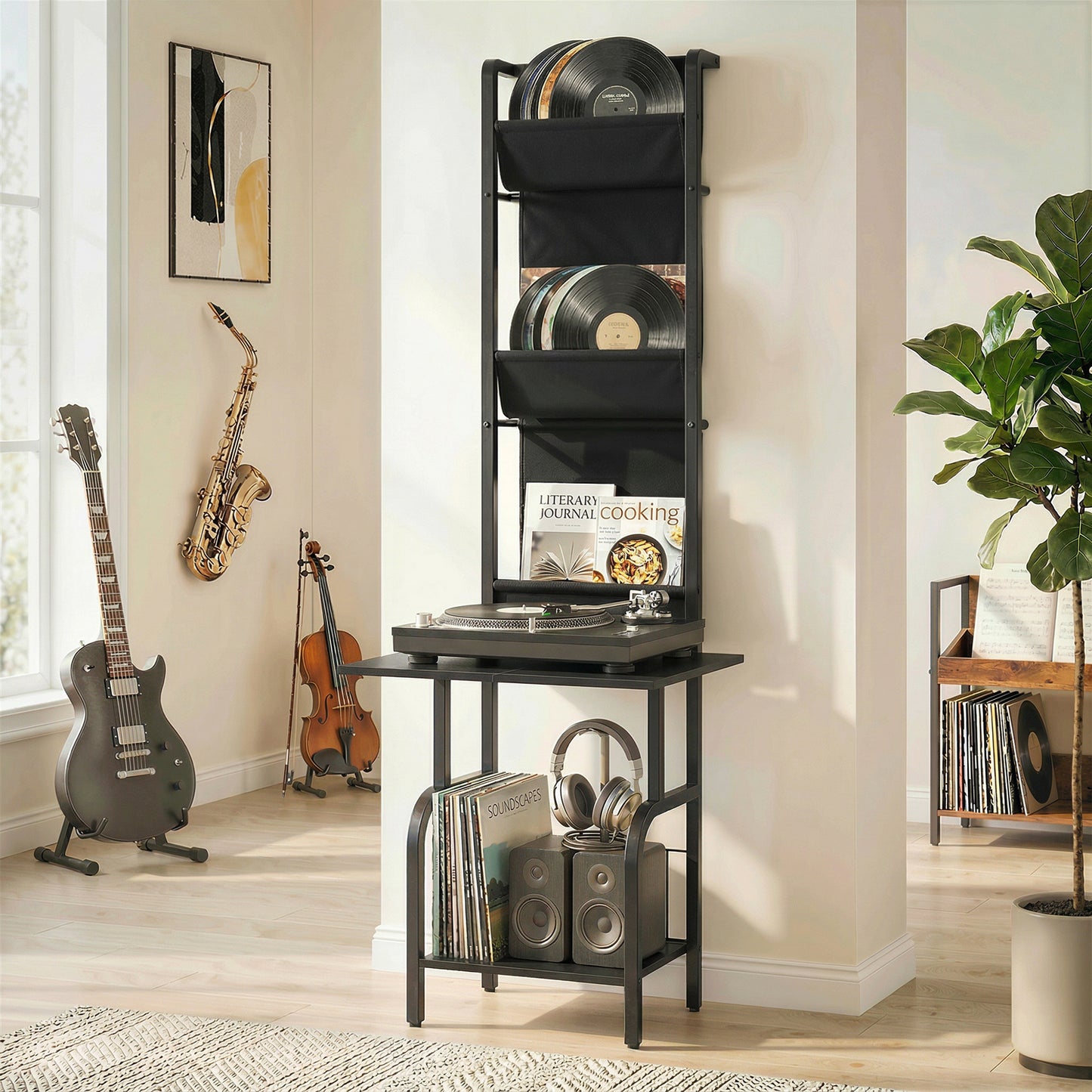 Vinyl Record Player Stand | 4 Oxford Fabric Sling Shelves | 40 CD Capacity | Industrial Black Metal Frame | Anti-Tip Hardware | Adjustable Feet | 23kg Total Capacity | 50x48.5x144cm | Black