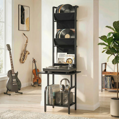 Vinyl Record Player Stand | 4 Oxford Fabric Sling Shelves | 40 CD Capacity | Industrial Black Metal Frame | Anti-Tip Hardware | Adjustable Feet | 23kg Total Capacity | 50x48.5x144cm | Black