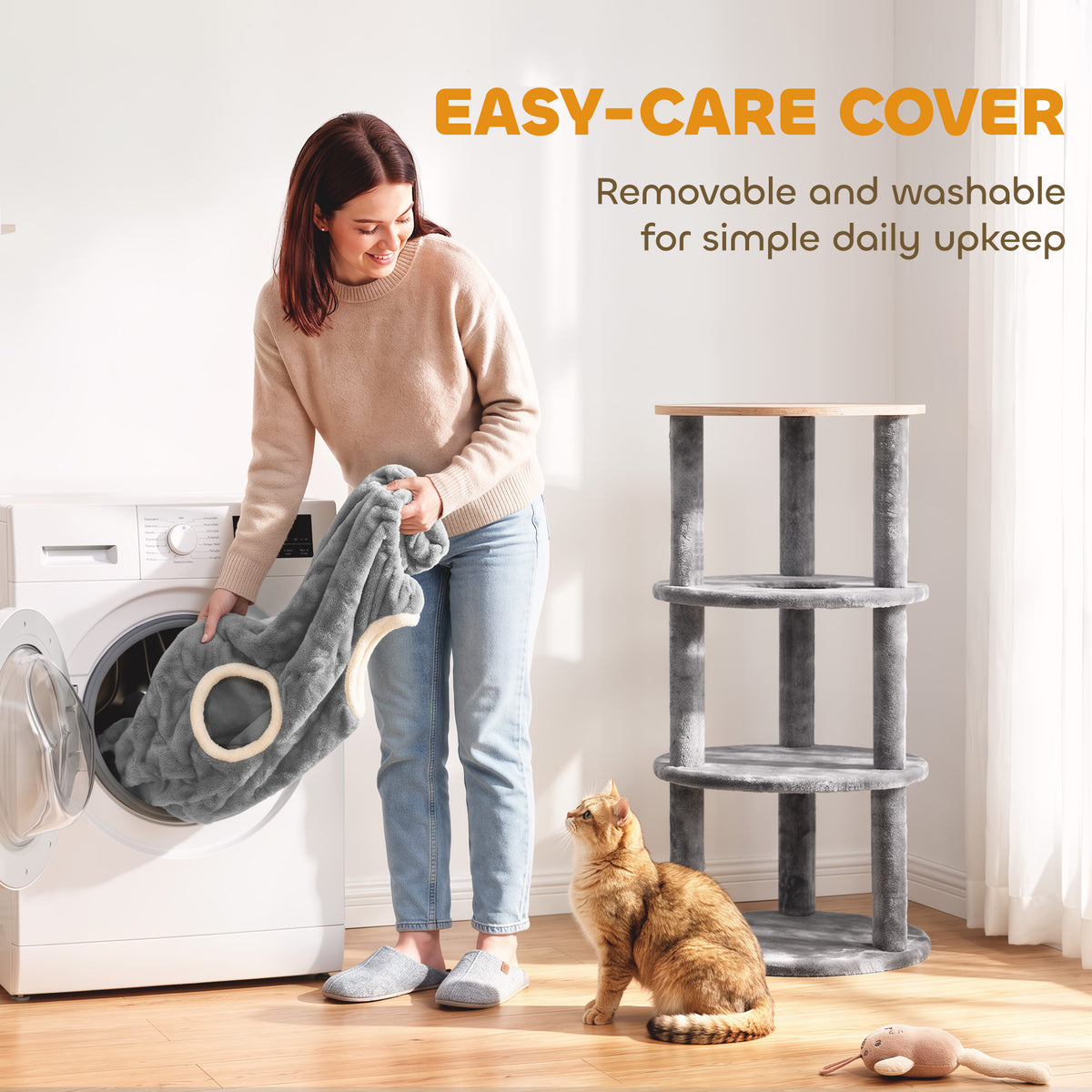 4-Tier Cat Tower | Grey Indoor Cat Condo with Washable Plush Cover, Cubbies & Climbing Levels | 6kg