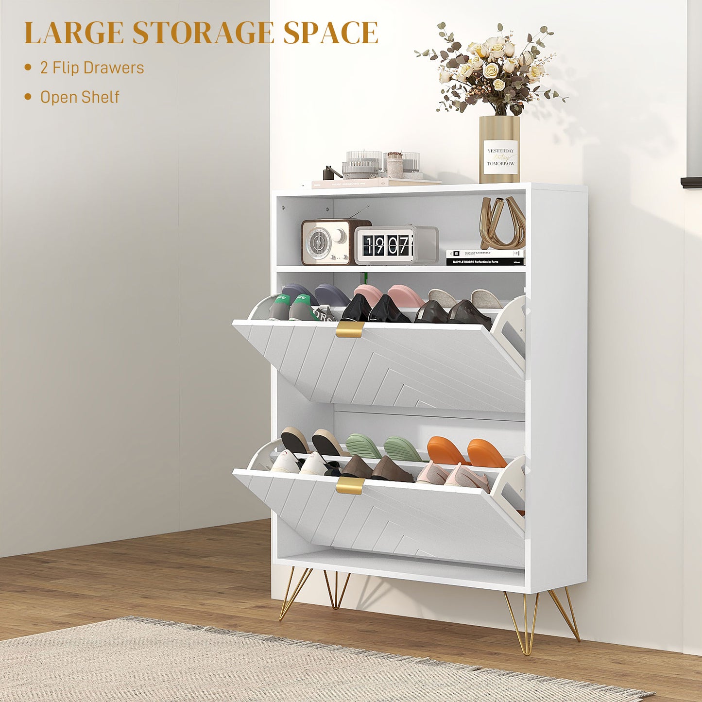 Modern Shoe Storage Cabinet with 2 Flip Drawers for 12 Pairs, Narrow Shoe Organizer for Entryway, Hallway, White