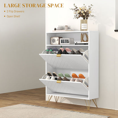 Modern Shoe Storage Cabinet with 2 Flip Drawers for 12 Pairs, Narrow Shoe Organizer for Entryway, Hallway, White