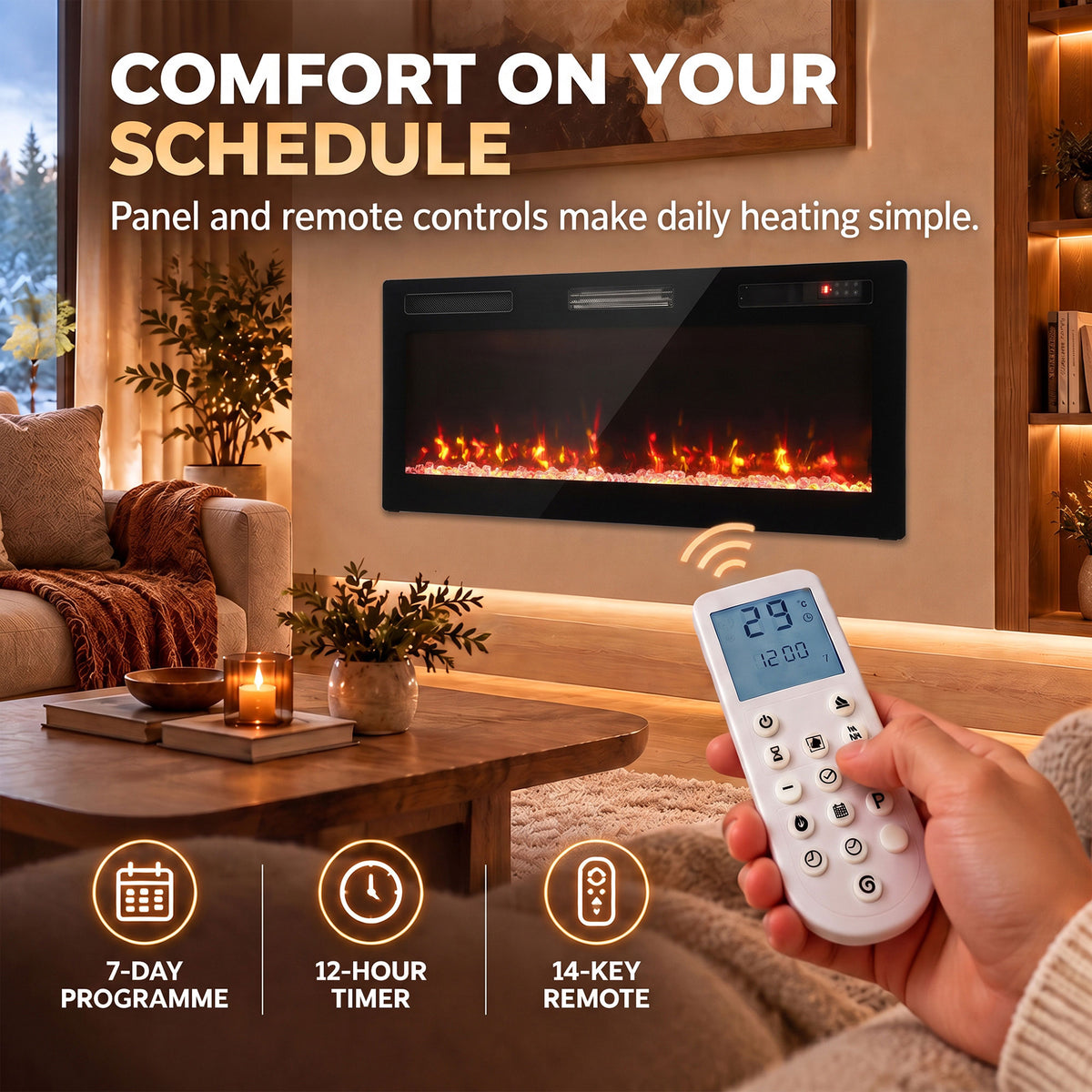 102cm Slim Electric Fireplace | 8.3cm Profile, Crystal Effect & 12 Flame Colours | 900/1800W, Remote, ECO & 7-Day Programme | Black