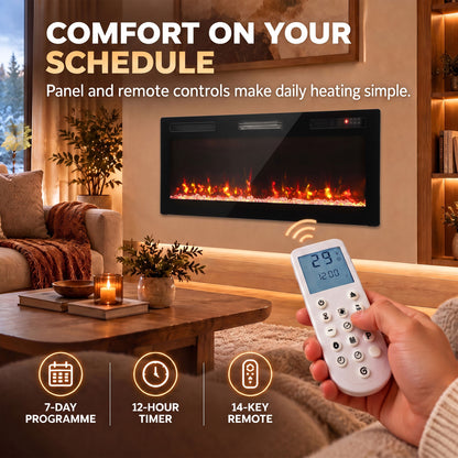 102cm Slim Electric Fireplace | 8.3cm Profile, Crystal Effect & 12 Flame Colours | 900/1800W, Remote, ECO & 7-Day Programme | Black