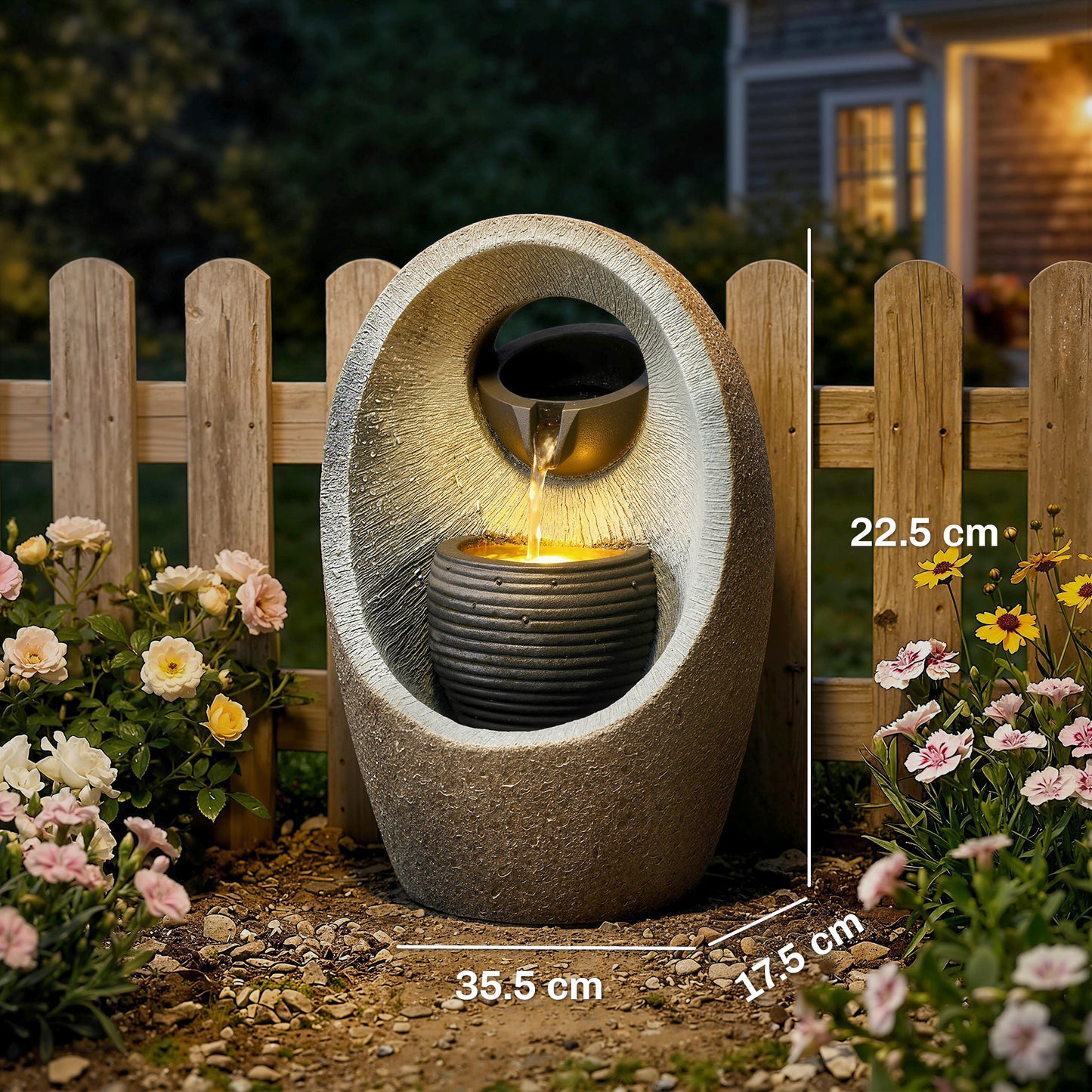 2-Tier Cascading Garden Water Fountain | LED Light | 3W Pump | 3m Cable | Resin | Grey