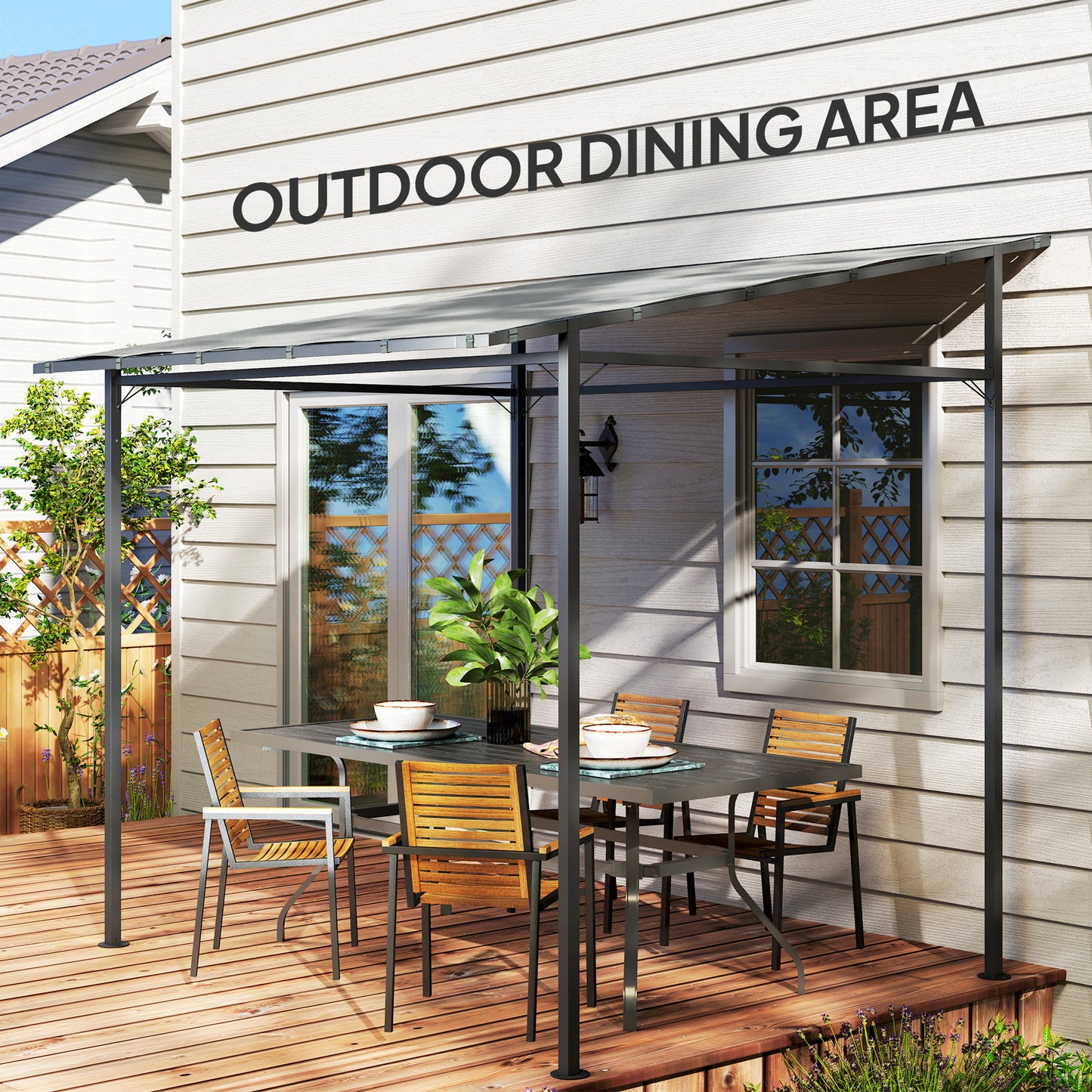 Wall Mounted Lean-To Pergola Gazebo | 2.4x2.4m | 180g PA Coating Fabric | UPF30+ | Splash-Resistant | Powder-Coated Metal Frame | Hook & Loop Fasteners | Ground Stakes | Light Grey