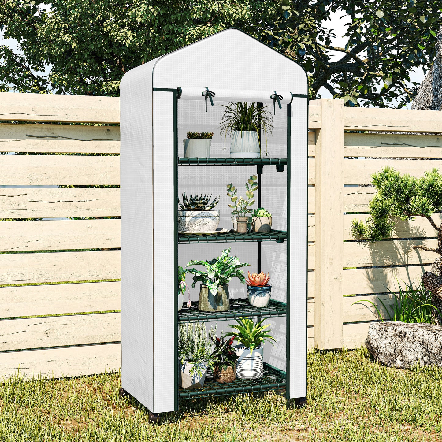 Mini Portable Greenhouse | 4 Shelves | Transparent PE Cover | Double-Zip Door | Lockable Rolling Wheels | 10kg Per Shelf | Balcony & Patio | 69 x 50 x 165cm | White