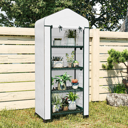 Mini Portable Greenhouse | 4 Shelves | Transparent PE Cover | Double-Zip Door | Lockable Rolling Wheels | 10kg Per Shelf | Balcony & Patio | 69 x 50 x 165cm | White