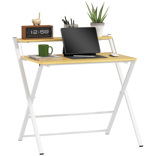 Compact Folding Desk for Small Spaces, Foldable Computer Desk W/ Storage Shelf for Home Office, 2-Tier Study Writing Table, 86 x 66 x 82 cm,
