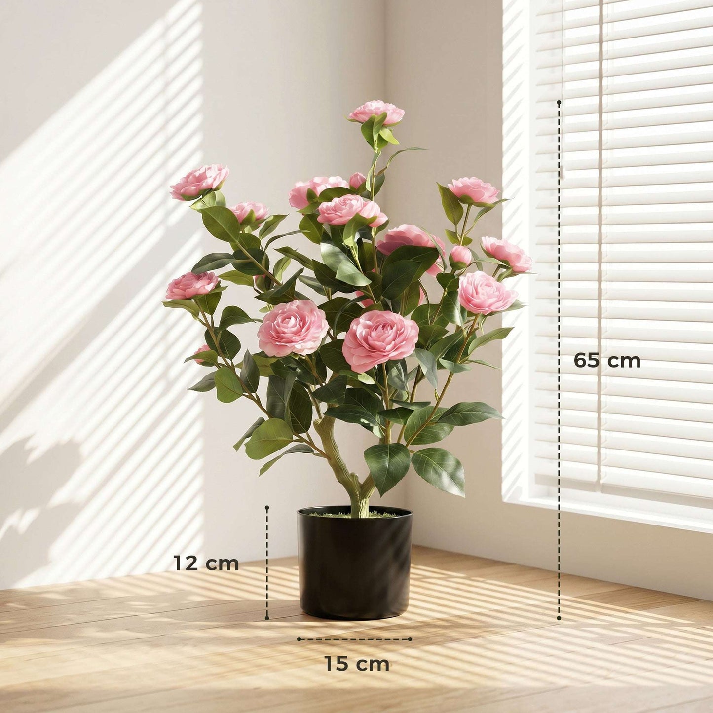65cm Artificial Camellia Flower Plant in Pot | 116 PEVA Leaves | Silk Blossoms | Moss Effect Base | Cement-Filled Pot | Bendable Internal Wires | Maintenance-Free | Pink