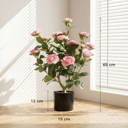 65cm Artificial Camellia Flower Plant in Pot | 116 PEVA Leaves | Silk Blossoms | Moss Effect Base | Cement-Filled Pot | Bendable Internal Wires | Maintenance-Free | Pink
