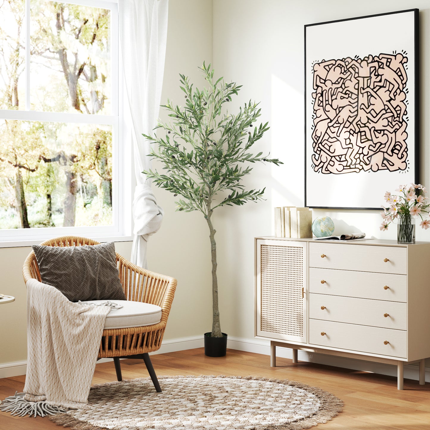 6ft/ 180cm Decorative Artificial Plant, Silk Olive Tree with 900 Leaves and 40 Olive Fruits in Pot, Fake Plant for Home, Office, Living Room, Indoor Decor