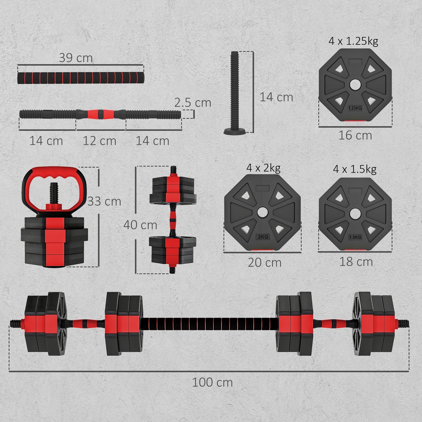SPORTNOW 6-in-1 Adjustable Dumbbell Set 20kg | Dumbbell, Barbell, Kettlebell & Push-Up Stand | Home Gym Free Weights | Men & Women | Red