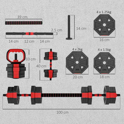 SPORTNOW 6-in-1 Adjustable Dumbbell Set 20kg | Dumbbell, Barbell, Kettlebell & Push-Up Stand | Home Gym Free Weights | Men & Women | Red