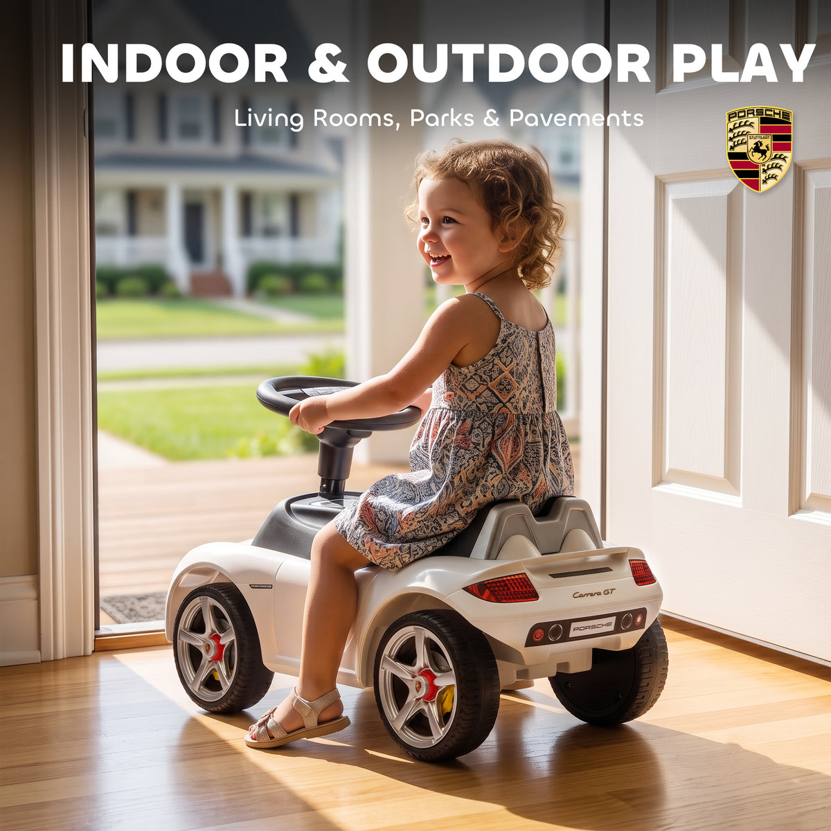 Porsche Licensed Kids Ride-On Push Car | Headlights | Horn & Start-Up Sound | Steering Wheel | PP Body | 30kg | Ages 18-36 Months | 75cm+ | 63x28.5x38cm | White / Pink / Black