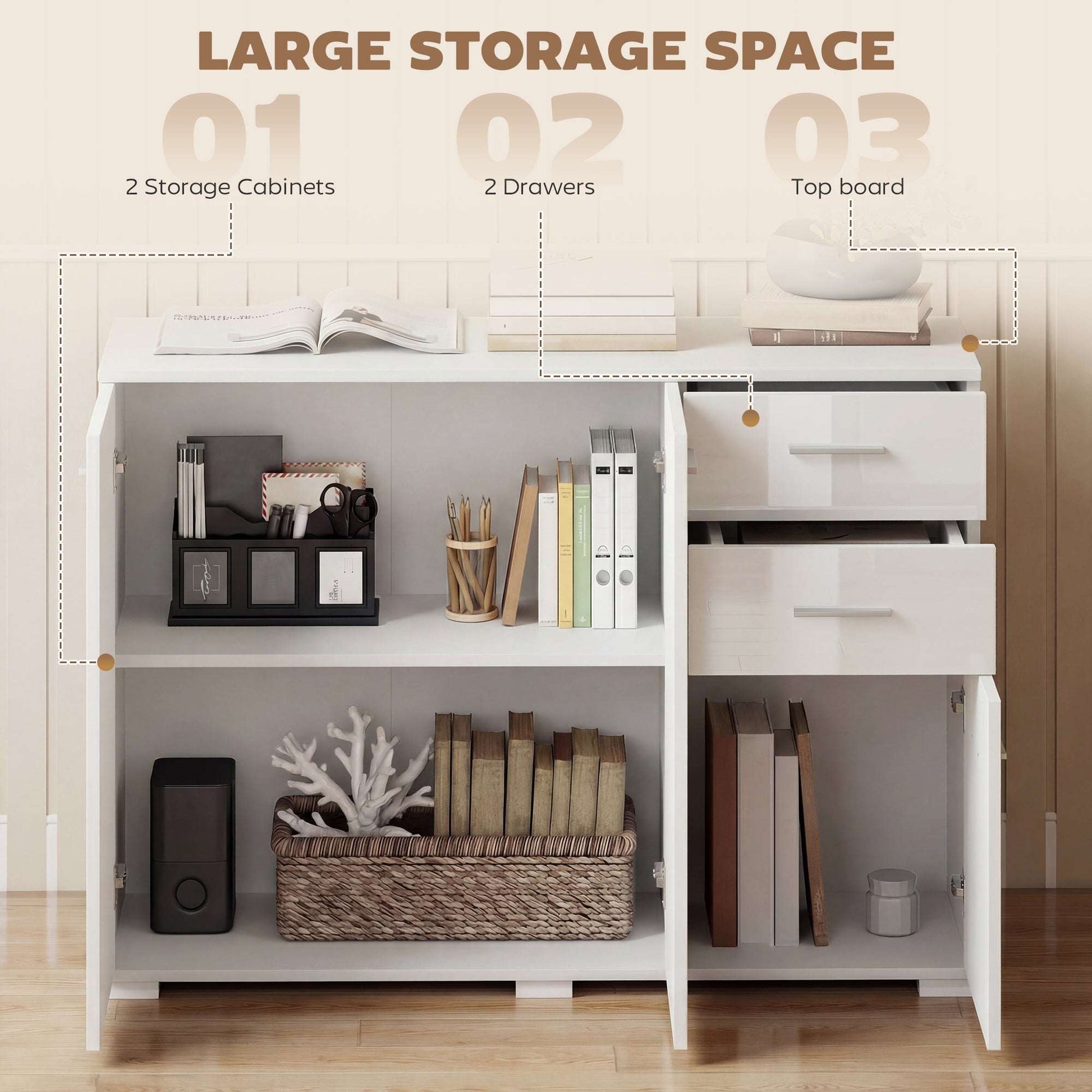 Sideboard, Modern Storage Cabinet with 2 Drawers, 3 Doors and Adjustable Shelves, High Gloss White