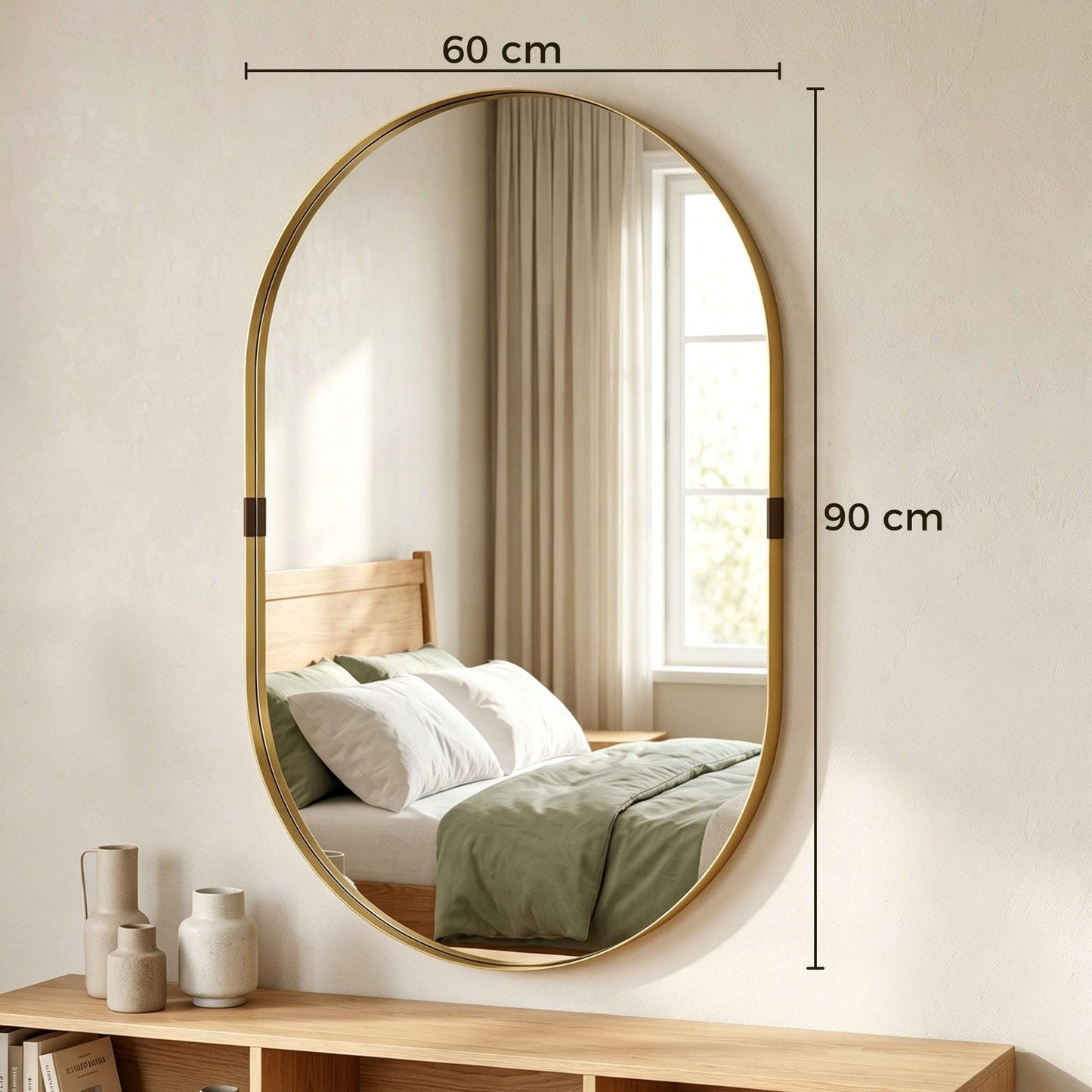 Rectangular Wall Mirror | Elevated 4cm Aluminium Alloy Frame | Shatterproof Tempered Glass | Moisture-Resistant Anodised Finish | MDF Backing | 60x90cm | Gold Tone