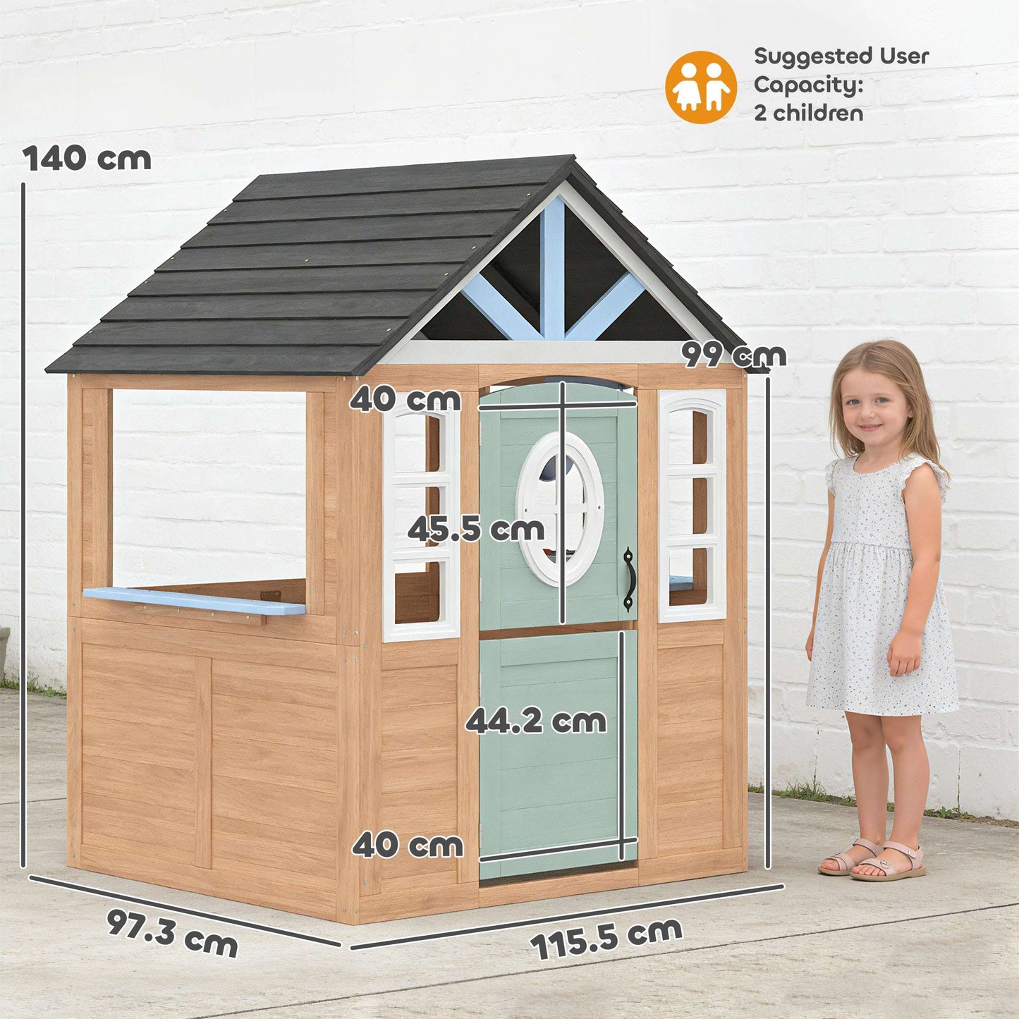Wooden Wendy House with Play Kitchen & Pet Door | Half Door & Windows | Fir Wood | Low-Odour Paint | Indoor & Outdoor | Ages 2+ | 115.5x97.3x140cm | Natural Wood