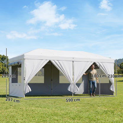 3x6m Pop-Up Canopy Gazebo | 17.5m² Coverage | 210D Silver-Coated UPF50+ Oxford Fabric | 6 Detachable Sidewalls | 3-Level Height Adjustment | 12 Drainage Holes | 18 Stakes & 6 Guy Ropes | Wheeled Carry Bag | White