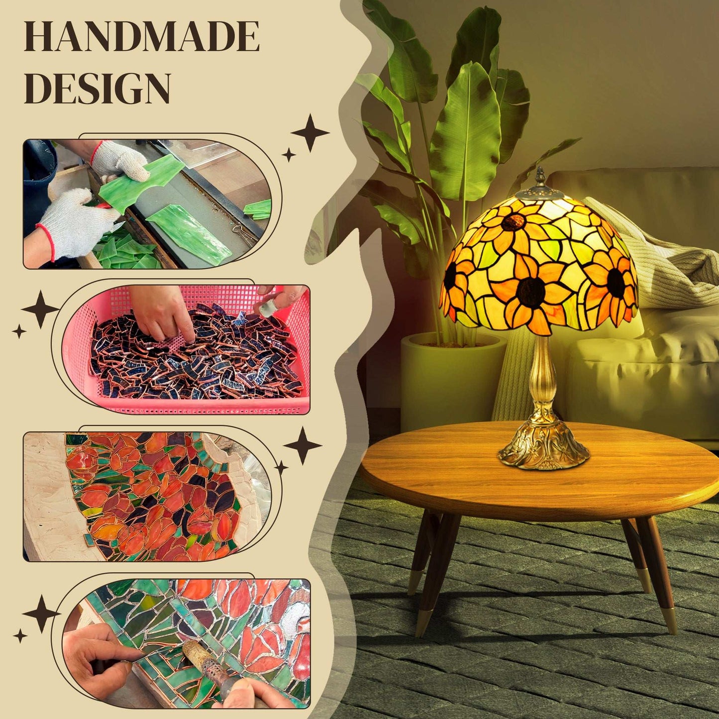 Stained Glass Table Lamp, Handmade Antique Style Bedside Lamp for Bedroom, Living room, Home, Nightstand, Decorative Night Light, Orange Sunflower