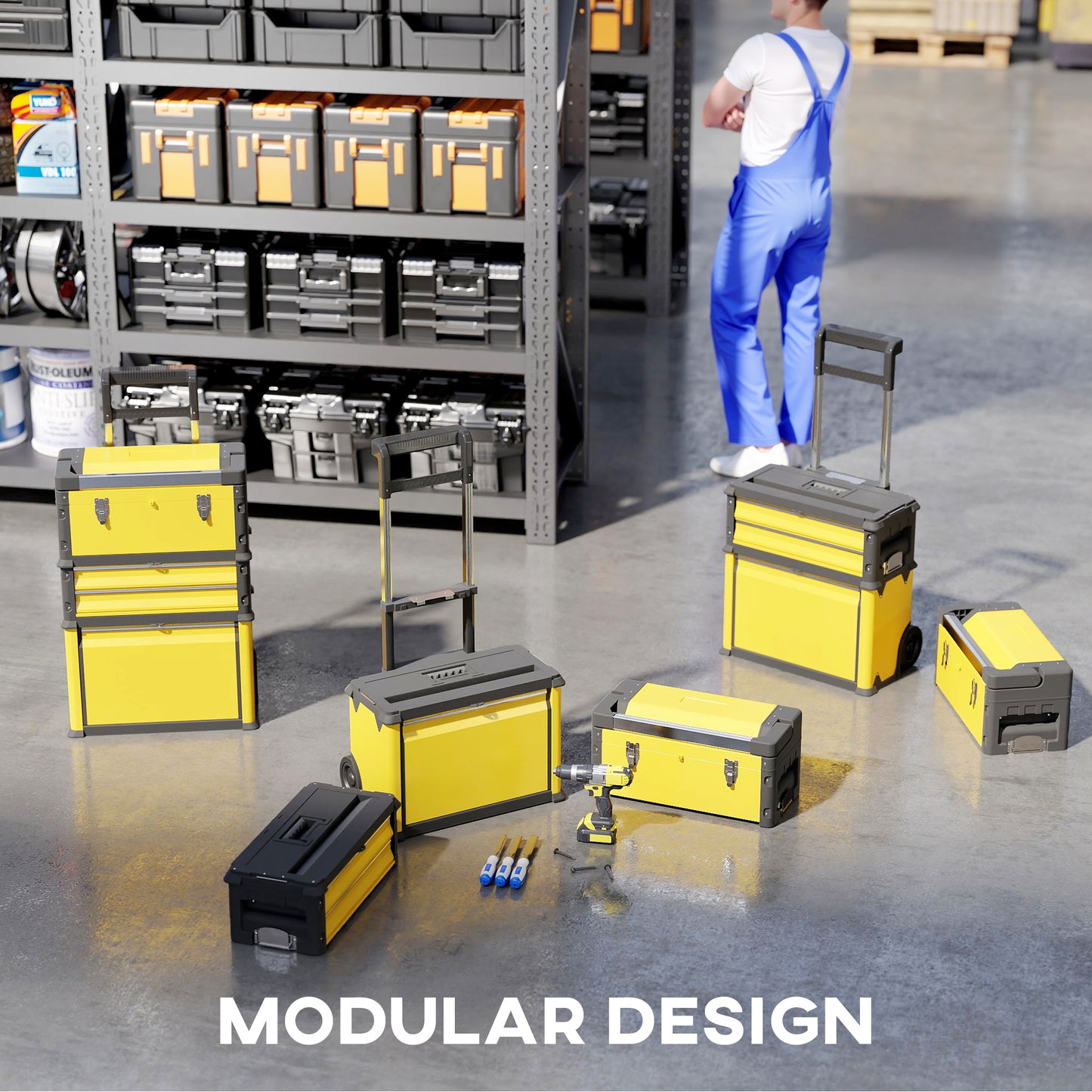 3-in-1 Stackable Three Tier Rolling Tool Storage Box On Wheels - Yellow