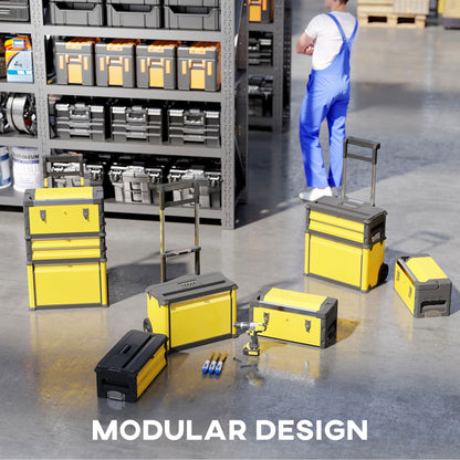 3-in-1 Stackable Three Tier Rolling Tool Storage Box On Wheels - Yellow