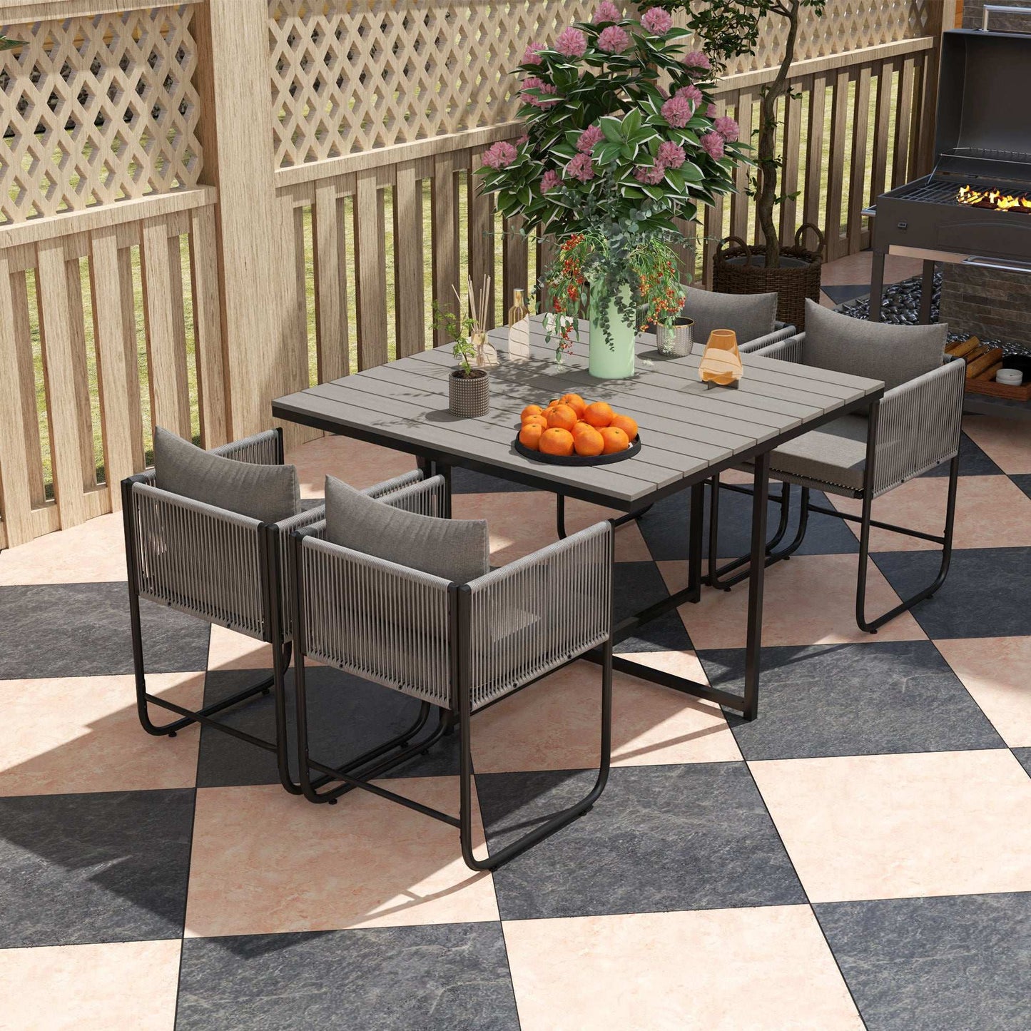 4 Seater Rattan Cube Garden Furniture Set, Rattan Dining Set with Cushions, Outdoor Dining Table and Chairs with Rectangular Wood Grain