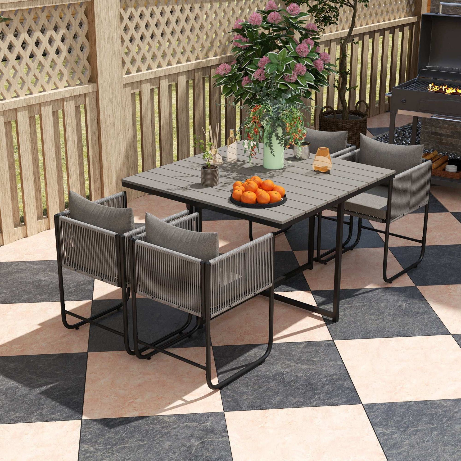 4 Seater Rattan Cube Garden Furniture Set, Rattan Dining Set with Cushions, Outdoor Dining Table and Chairs with Rectangular Wood Grain
