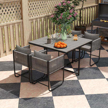 4 Seater Rattan Cube Garden Furniture Set, Rattan Dining Set with Cushions, Outdoor Dining Table and Chairs with Rectangular Wood Grain