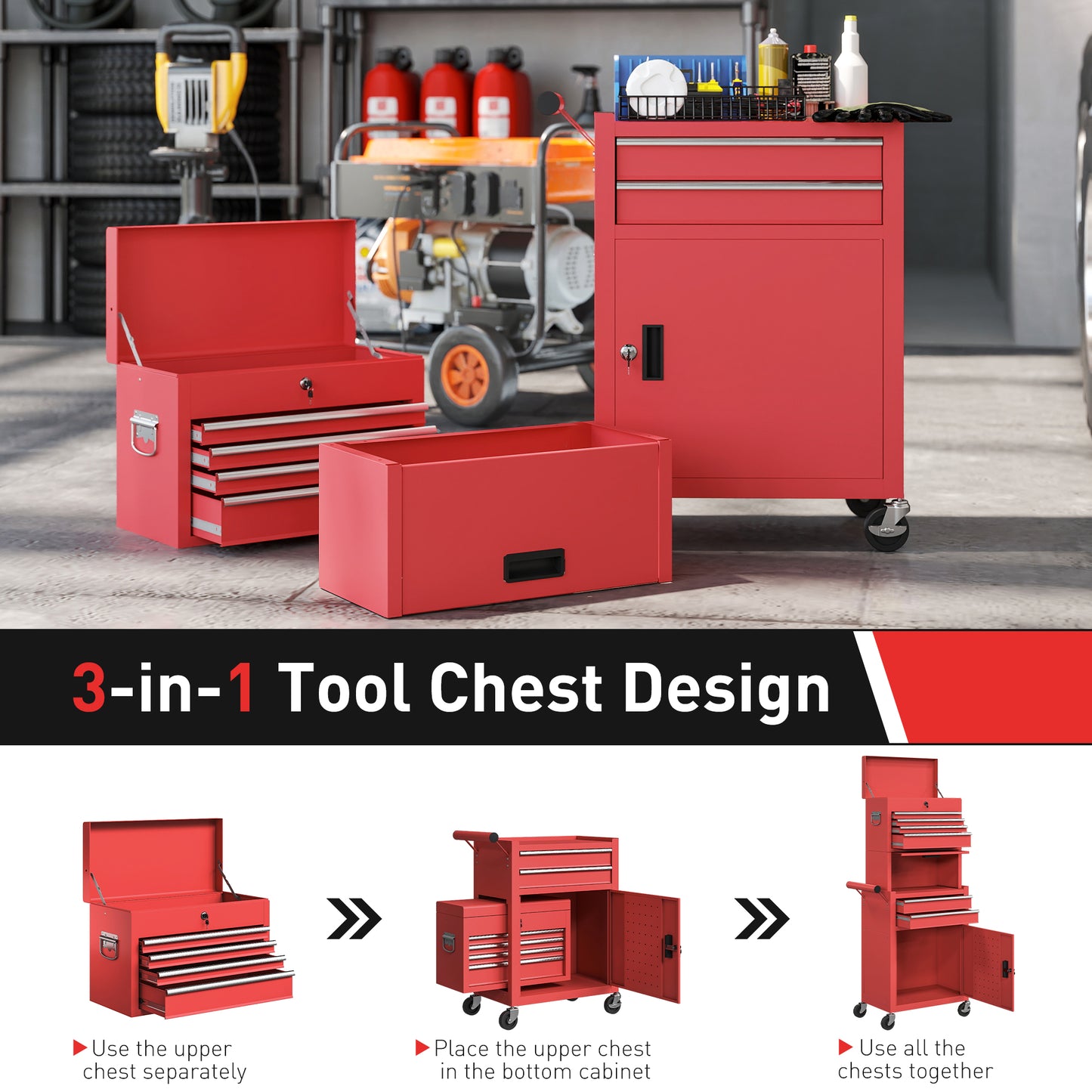 Three-Part Steel Locking Tool Storage Cabinet Chest - Red / Black