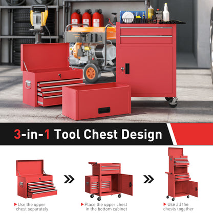 Three-Part Steel Locking Tool Storage Cabinet Chest - Red / Black