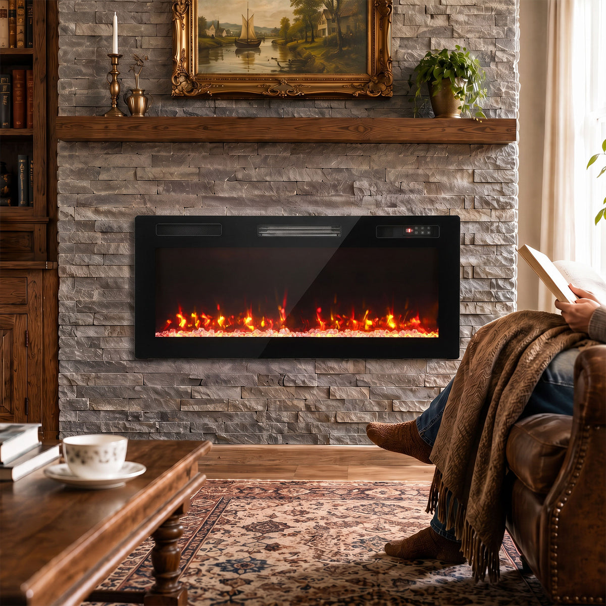 102cm Slim Electric Fireplace | 8.3cm Profile, Crystal Effect & 12 Flame Colours | 900/1800W, Remote, ECO & 7-Day Programme | Black