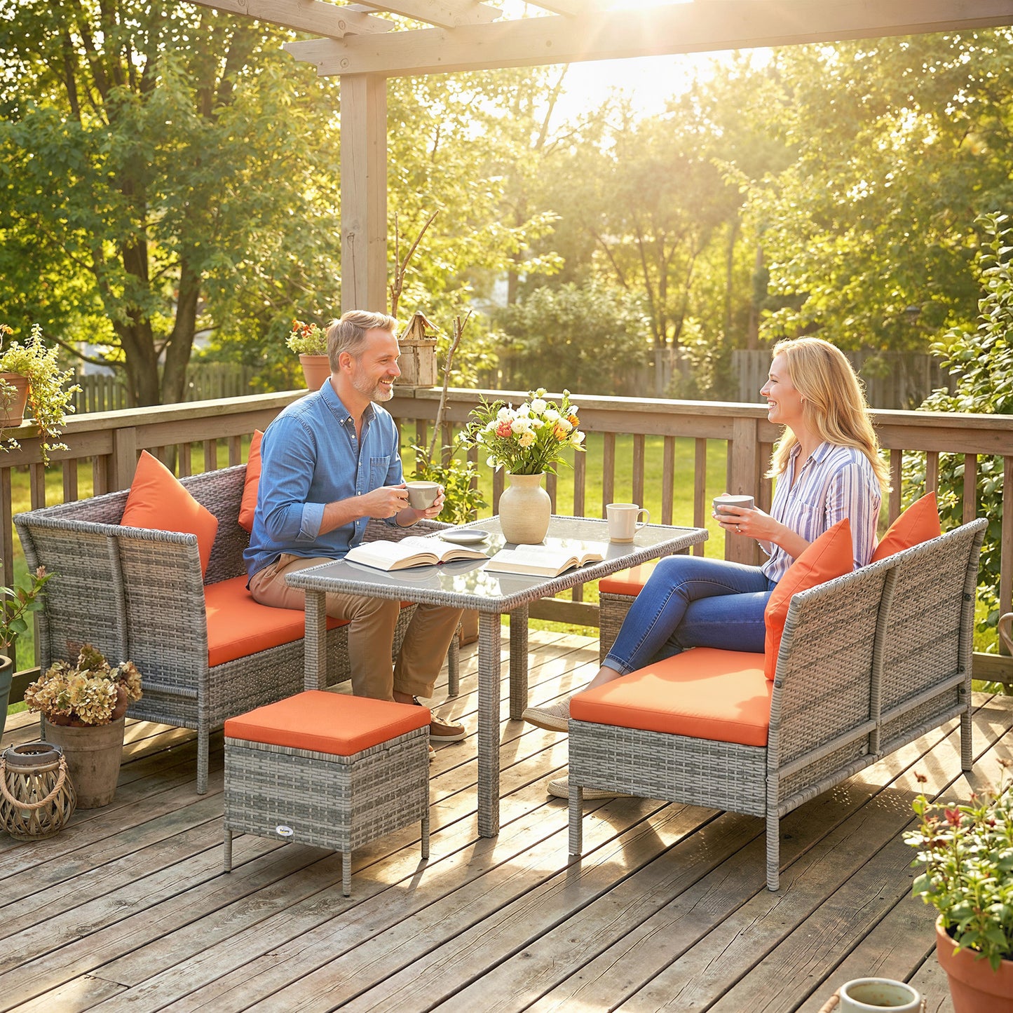 6-Seater Rattan Garden Dining Set | Sofa & Loveseat | 2 Footstools | Glass Table | Zip Cushions | 5 Pillows | 160kg | Orange