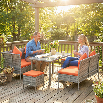 6-Seater Rattan Garden Dining Set | Sofa & Loveseat | 2 Footstools | Glass Table | Zip Cushions | 5 Pillows | 160kg | Orange