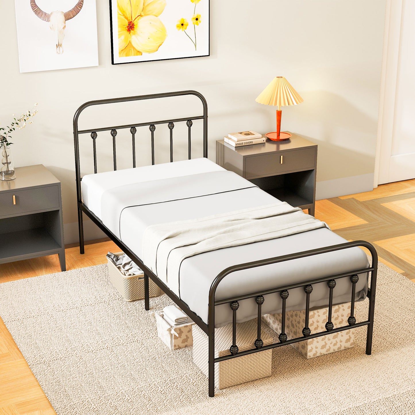 3ft Single Platform Bed Frame with Underbed Storage Tall Headboard Steel Slat No Box Spring Needed Easy Assembly Black