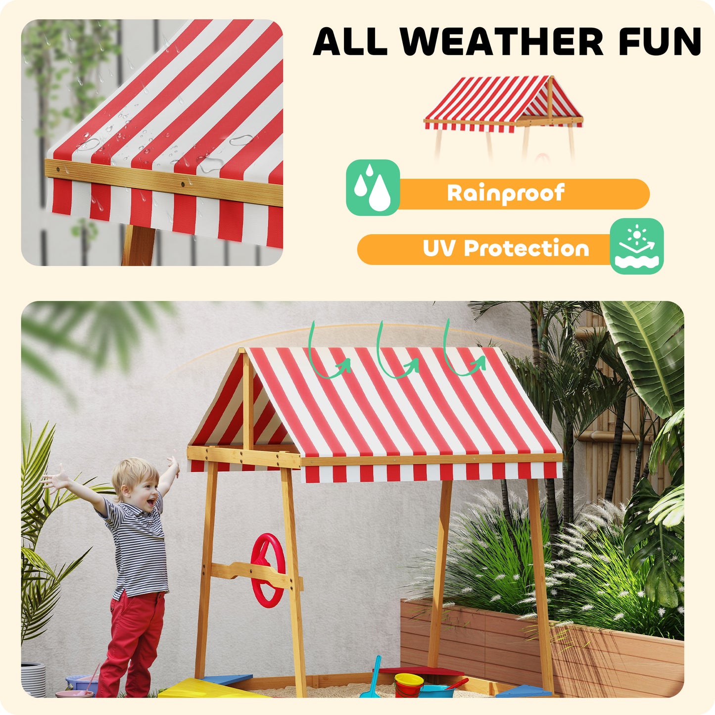 AIYAPLAY Wooden Kids Sandpit Boat Style with Canopy, 4 Seats, Rudder, Bottom Liner, for Children 3-8 Years, Yellow