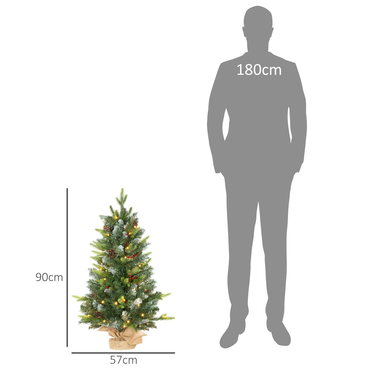 2 Pieces 3ft Prelit Artificial Christmas Tree With LED Light and 291 Tips, Concrete Base, For Tabletop with Pine Cones and Red Berries