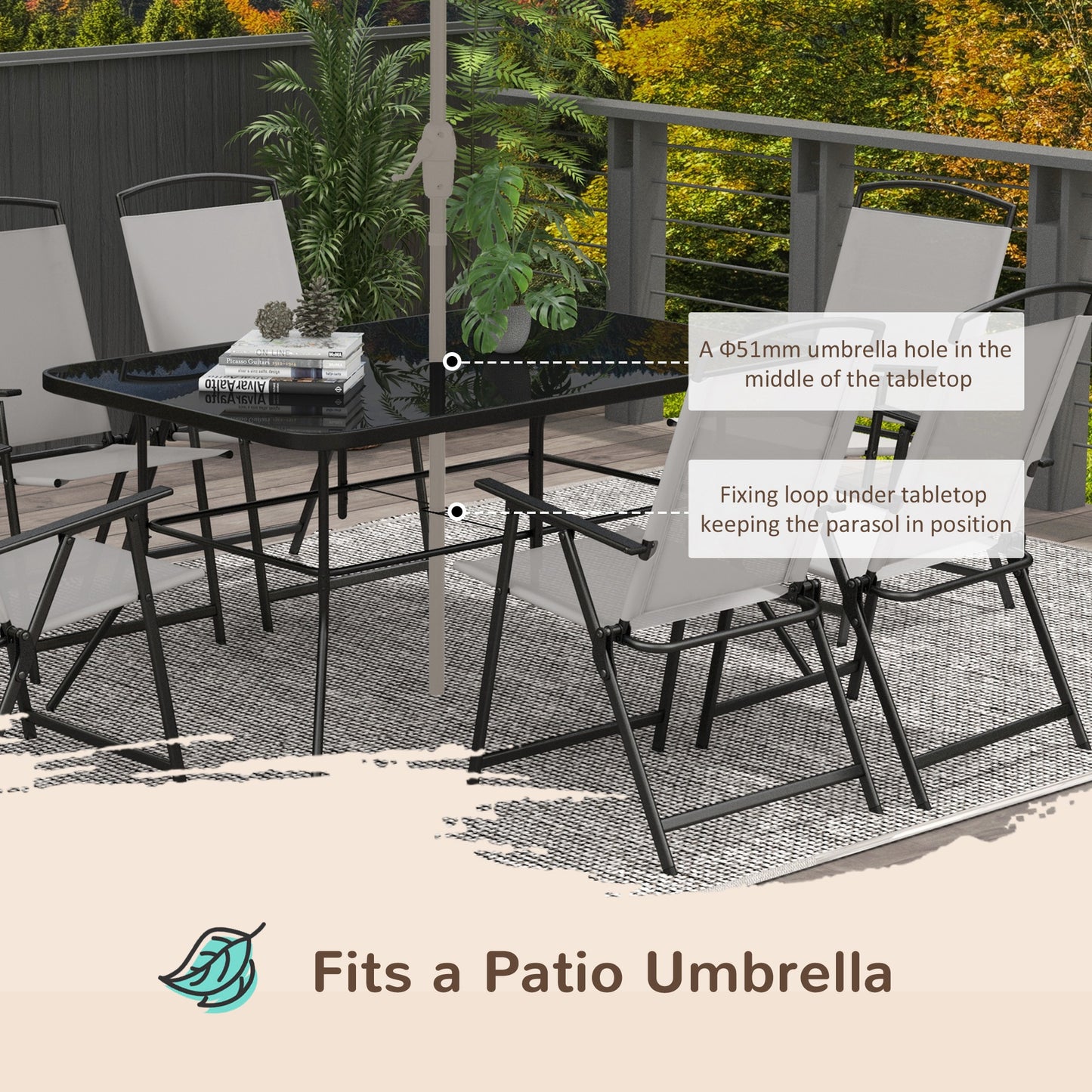 Outsunny 7 Pieces Metal Garden Furniture Set with Folding Chairs, Patio Dining Set, 6 Seater Outdoor Table and Chairs with Tempered Glass Top, Grey