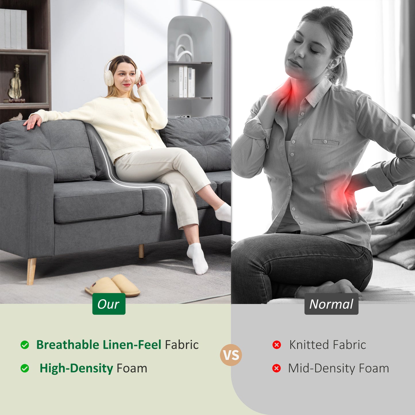 3 Seater Sofa with Footstool, Fabric L-Shaped Sofa, Sectional Couch with Wood Legs, Tufting Cushioned Back for Small Space, Living Room, Office,