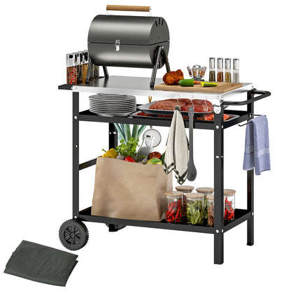 BBQ Trolley with Stainless Steel Top Adjustable Shelf, Outdoor Kitchen BBQ Station with Hooks Seasoning Tray Towel Rack, Pizza Oven Table