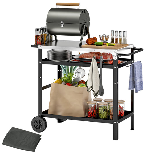 BBQ Trolley with Stainless Steel Top Adjustable Shelf, Outdoor Kitchen BBQ Station with Hooks Seasoning Tray Towel Rack, Pizza Oven Table