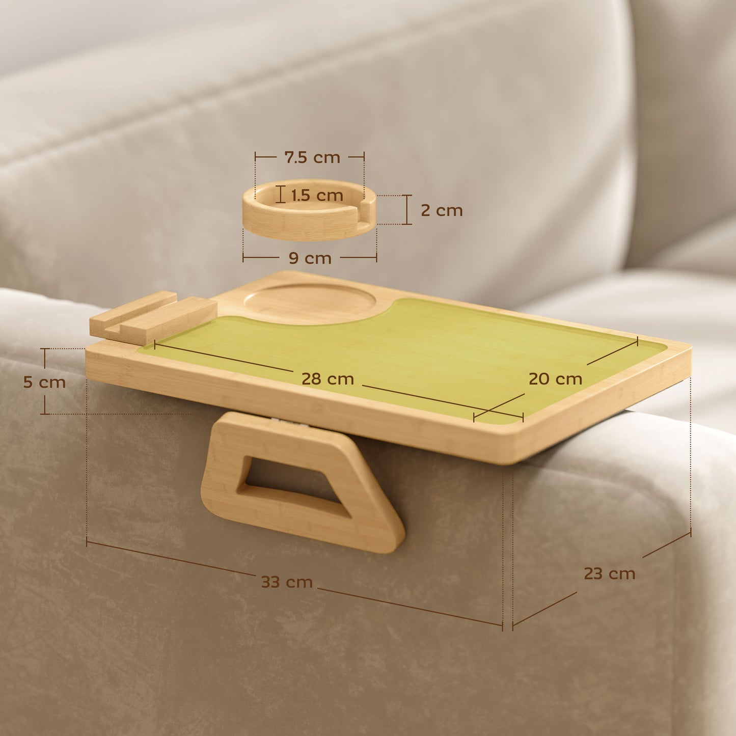 Bamboo Sofa Armrest Tray | 360° Phone & Tablet Holder | Removable Cup Holder | Anti-Slip | No Assembly | Natural
