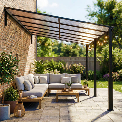 4x3m Hardtop Lean-To Pergola | 7mm Polycarbonate Roof | Galvanised Frame | Wall-Mounted | Windproof Level 6 | Brown