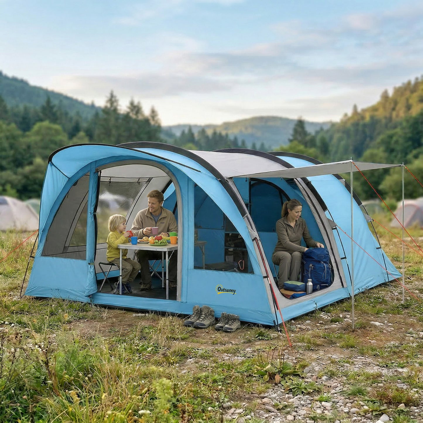 4-Person Family Camping Tent | 2 Rooms | Removable Divider | 3000mm Waterproof | Level 4 Wind Resistance | 7 Storage Pockets | Sets Up in 5-15 Mins | 565 x 370 x 200cm | Sky Blue & Grey