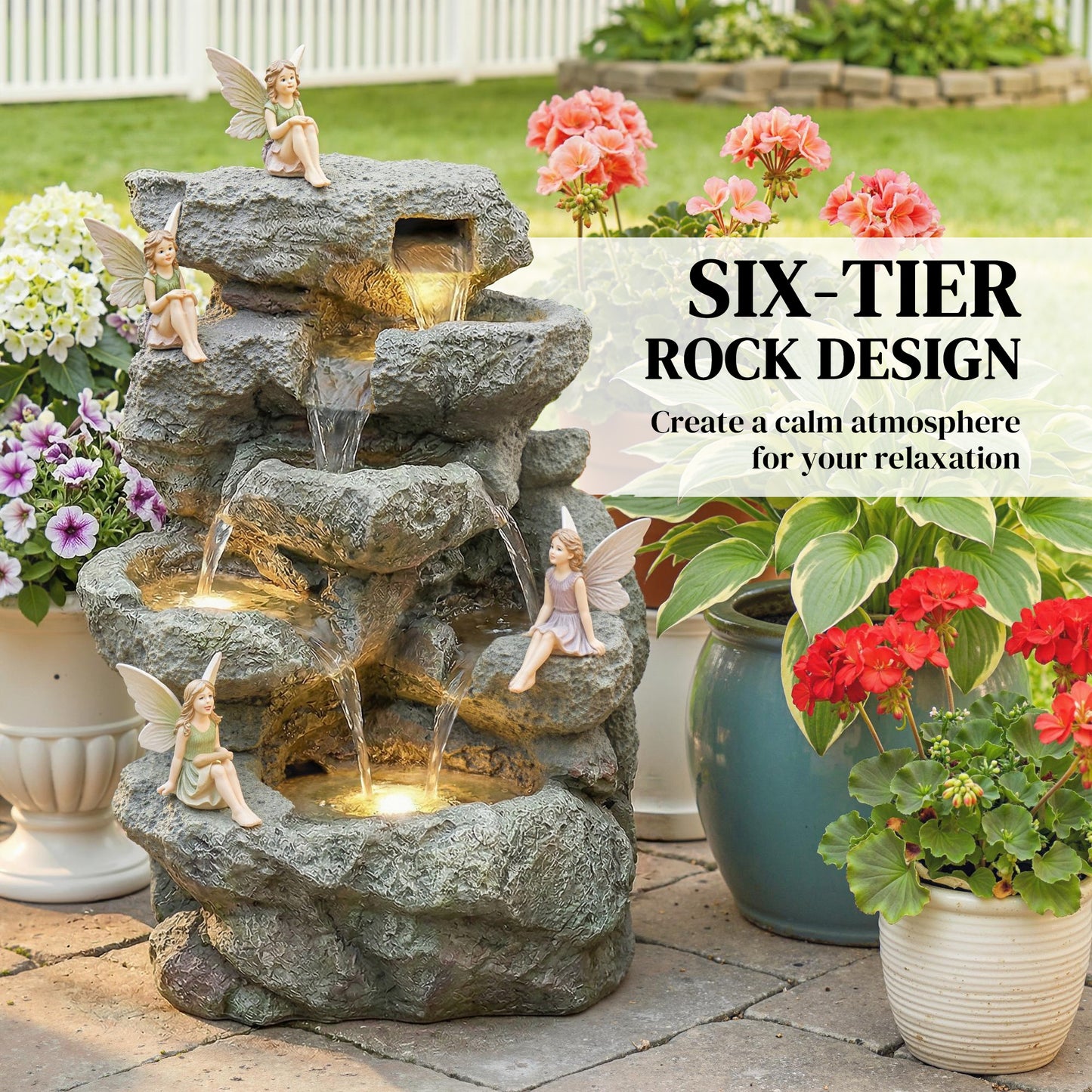 Compact 6-Tier Rock Design Garden Fountain | LED Lights | Adjustable Pump | Grey | 36.5cm