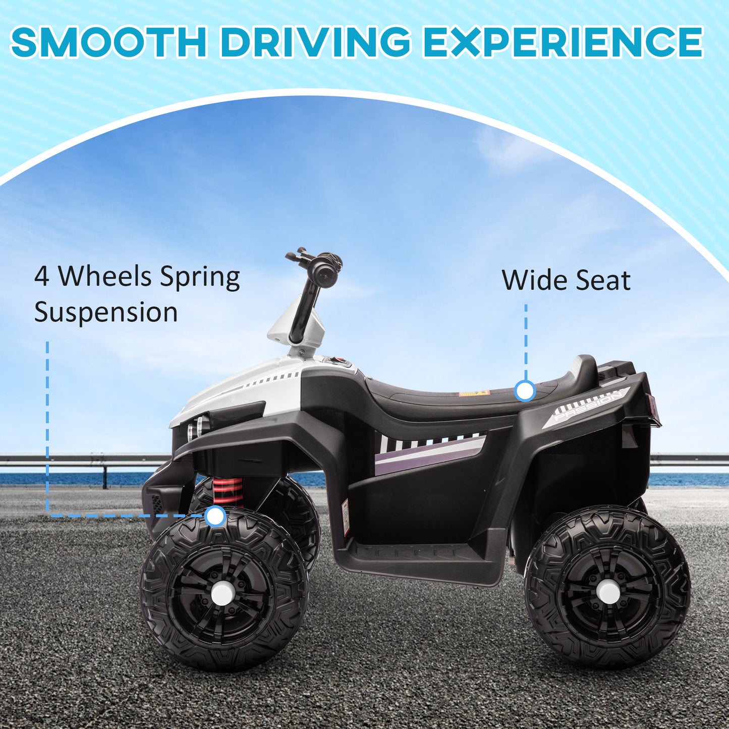 AIYAPLAY 12V Kids Electric Quad Bike w/ Spring Suspension System, Forward & Backward, LED Light, Music, MP3, White / Red