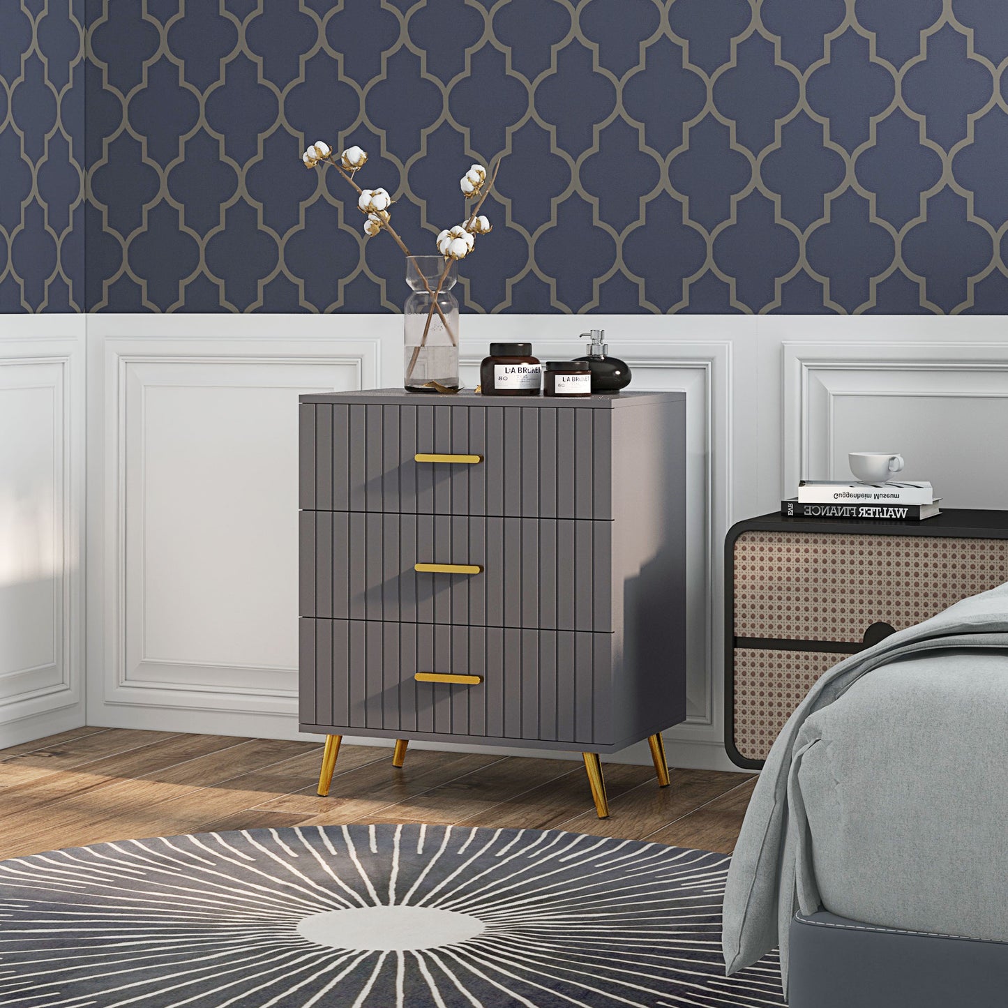 Bedroom Chest of Drawers, Modern 3-Drawer Dresser, Storage Drawer Unit with Aluminium Legs, Dark Grey