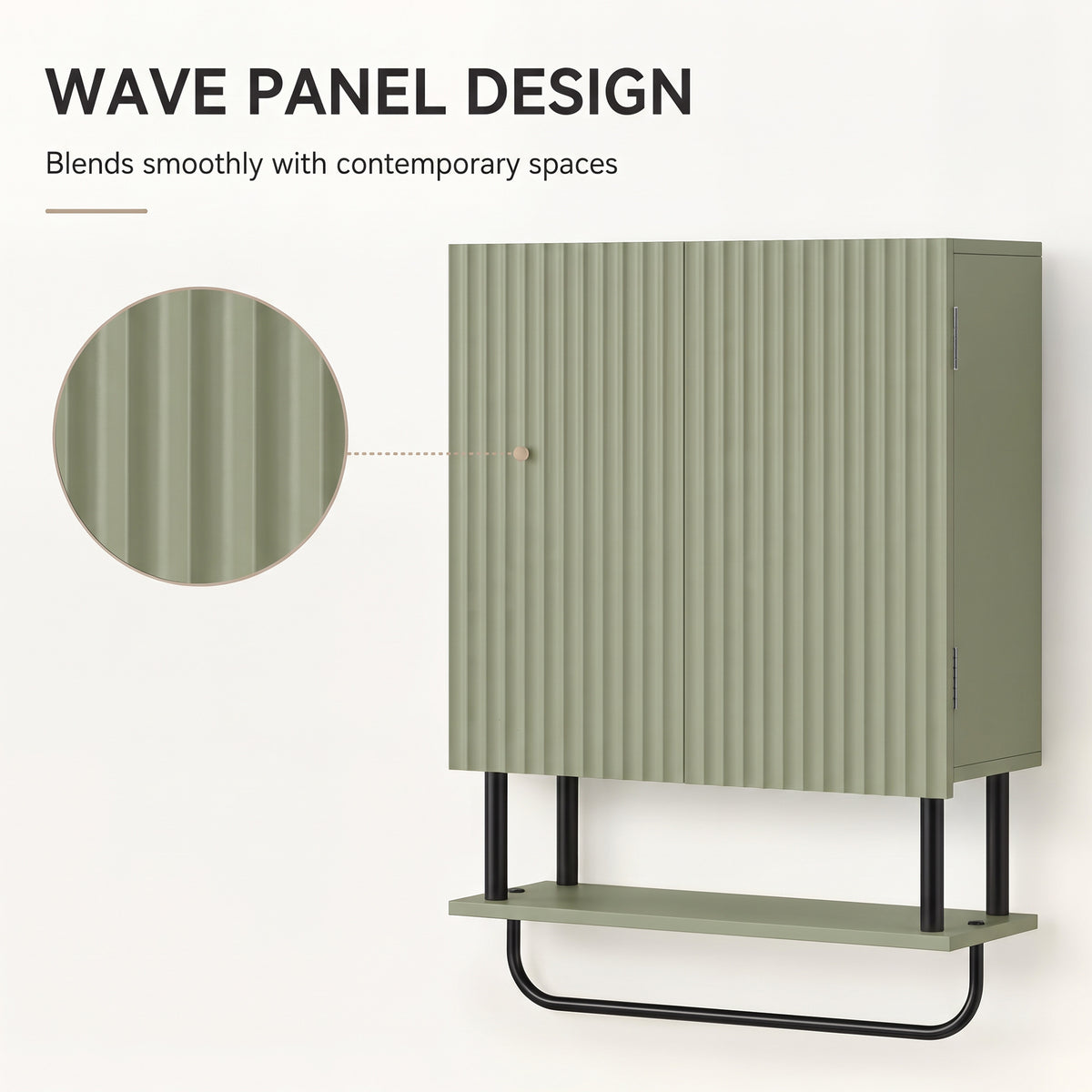 Bathroom Wall Cabinet | Modern Space Saver | Wall Mounted | Double Door Storage | Open Shelf | Towel Rail | Green
