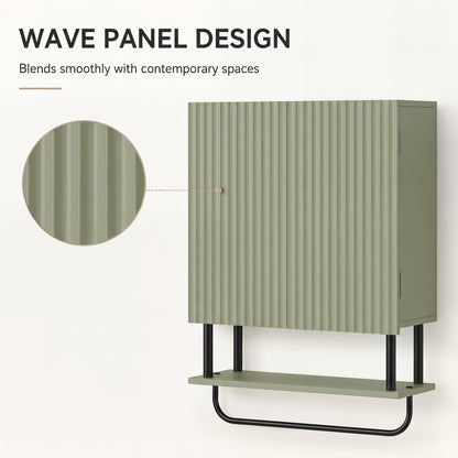 Bathroom Wall Cabinet | Modern Space Saver | Wall Mounted | Double Door Storage | Open Shelf | Towel Rail | Green