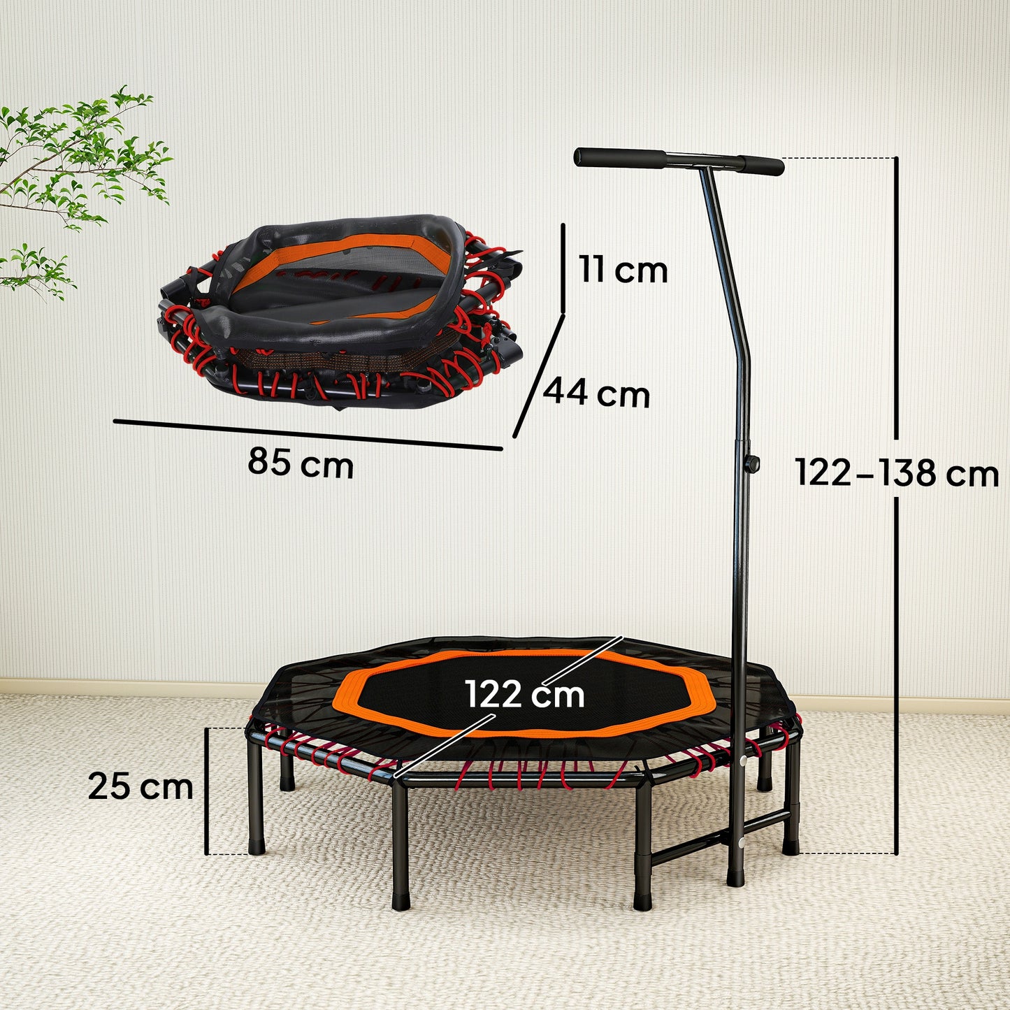Fitness Trampoline, Bouncer with Adjustable Handle, Max Load 150 kg