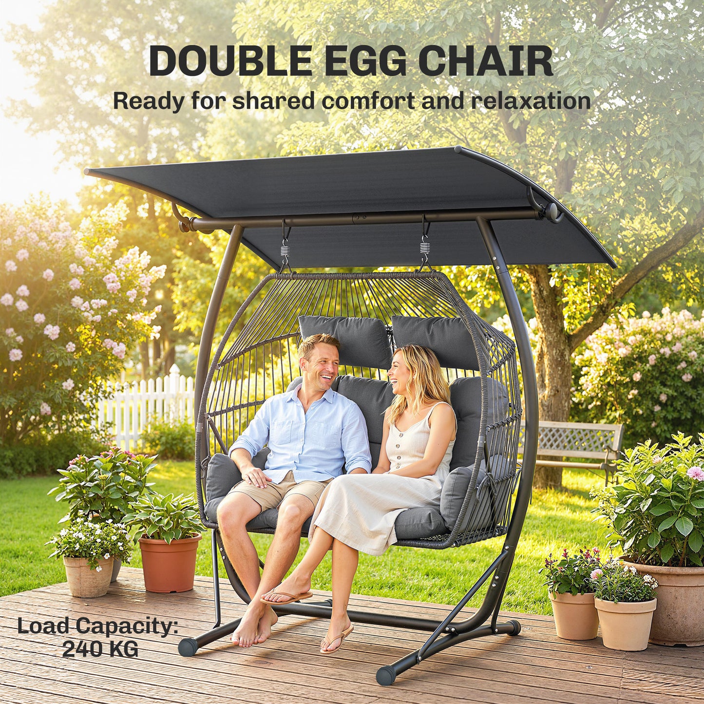 Double Hanging Egg Chair with Canopy | 2-Seater | 10cm Cushion & 2 Headrests | 240kg | Dark Grey